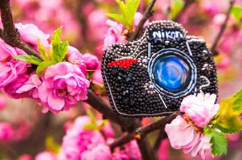 A bead brooch in the shape of a camera. Handmade brooch on the background of blo Foto stock