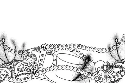 Beads and mardi gras elements frame in black and white Stock Illustration