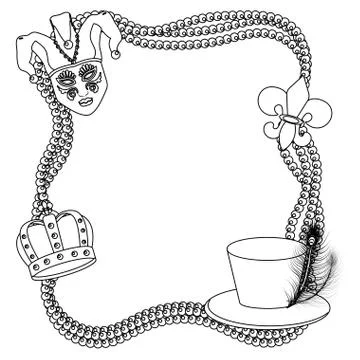 Beads and mardi gras elements frame in black and white Stock Illustration