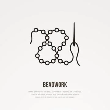 Beadwork workshop flat line icon. Beads with needle sign. Thin linear logo for Stock Illustration