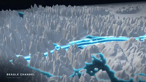 Beagle Channel 3D White Terrain Relief Map With Glowing Route And Pack Ice Stock Footage 343394800