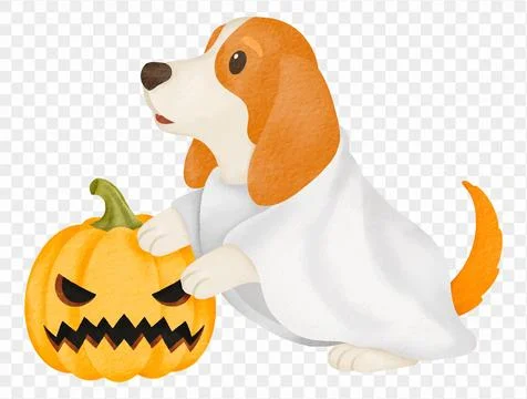 Beagle ghost dog with jack o lantern cute watercolor Halloween vector. Illustrazione stock