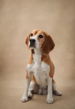 Beagle seated on beige studio backdrop Stock Photos