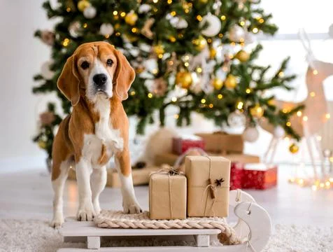 Beagle Standing By Gifts Stock Photos