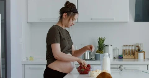 Beagle stealing ice cream from kitchen table while pregnant woman makes milkshak Stock Footage 110771647