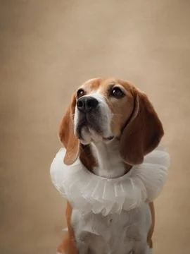 Beagle with a white ruff on beige background Stock Photos