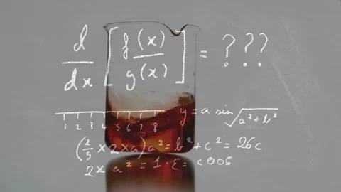 Beaker holding amber liquid, cube dropping and splashing while chalk math Stock Footage 330444202