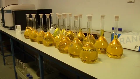 Beakers with yellow liquid wait to be tested Stock Footage 70411589