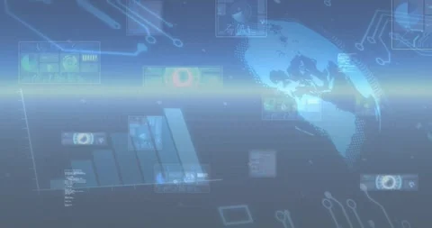 Beam bisecting frame starting globe drifting while UI panels emerging and bars Stock Footage 318194335