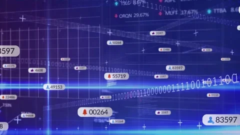 Beam brightening, data badges and binary ribbons drifting, enlarging, Stock Footage 332544969