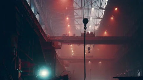 Beam crane with chains in large foundry steel workshop interior, heavy Stock Footage 154049373