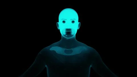 A beam of light explores a human mannequin from top to bottom against a black Stock Illustration