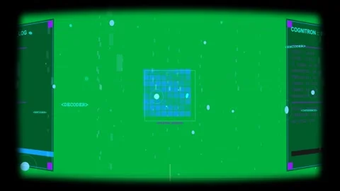 Beam rising above cube starting analysis, cursor scanning grid, nodes pulsing, Stock Footage 329548259