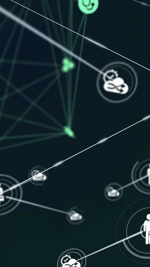 Beam sweeping, revealing node cluster linking, pulsing user icons with 動画素材 332547027