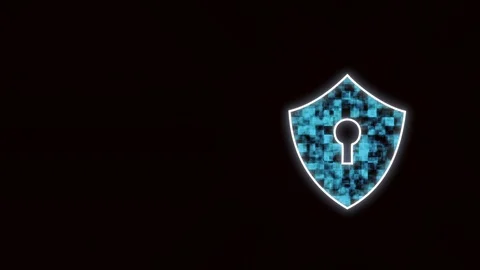 Beaming blue padlock in red circle over black background with abstract digital Video stock 123092892