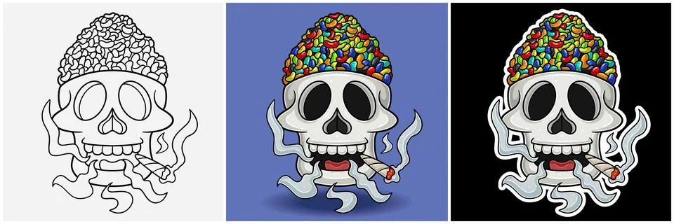 Bean Candy Inside Skull Head With Smoking Character Cartoon. Black White, C.. Stock Illustration