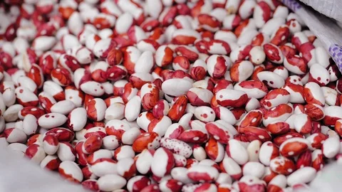 Bean kernels pour in a white bag in slow motion Stock Footage 98729522