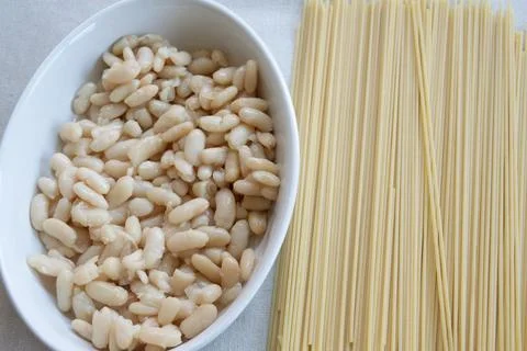 Beans and Spaghetti Ingredients Stock Photos
