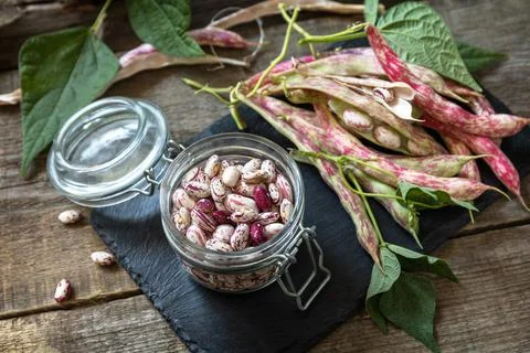 Beans of bean, brown bean (of dried beans) in a glass jar on a rustic table.  Stock Photos