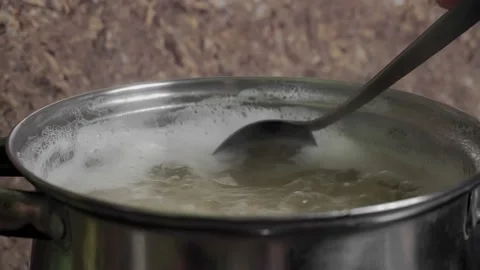 Beans Cooking Process White bean seeds in boiling water in a saucepan 스톡 동영상 145124868