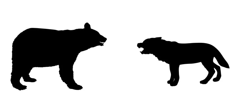 Bear against wolf vector silhouette illustration isolated. Иллюстрация