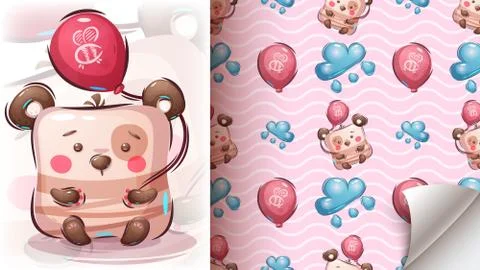Bear with air balloon - seamless pattern Stock Illustration