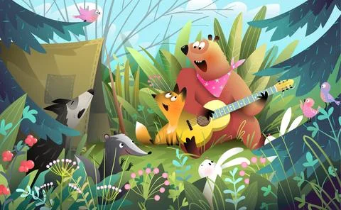 Bear and Animals Camping in Pine Forest Sing Song Stock Illustration