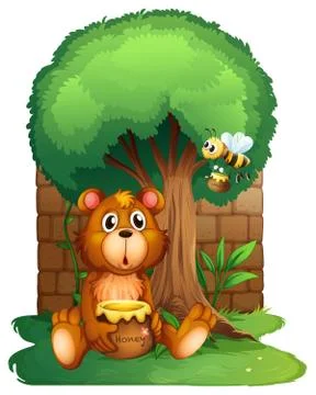 A bear and a bee under a big tree Illustrazione stock