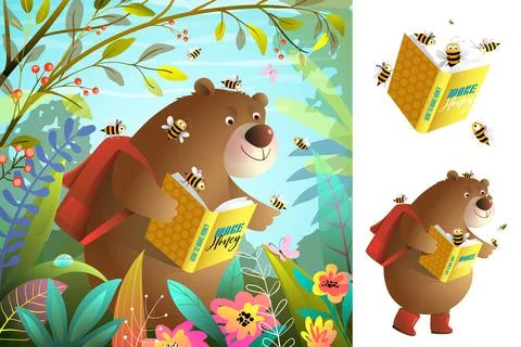 Bear and Bees Reading Book Clipart Set Stock Illustration