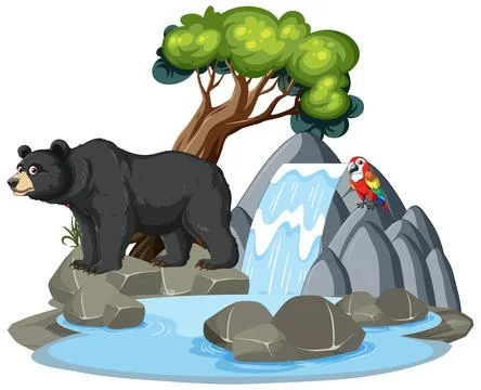 Bear and Parrot by the Waterfall 스톡 일러스트