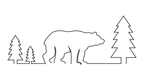 Bear and pine trees continuous one line drawing. Minimalist forest landscape. Stock Illustration