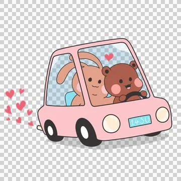 Bear and rabbit are driving pink car in flat design with floating hearts, Stock Illustration