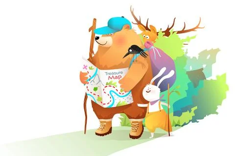 Bear and Rabbit Hiking with Map in Forest Stock Illustration