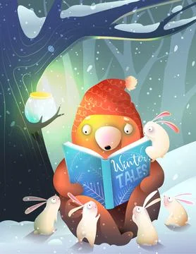 Bear and Rabbits Reading Book under Tree in Winter Stock Illustration