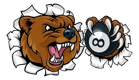 Bear Angry Pool 8 Ball Billiards Mascot Cartoon Stock Illustration