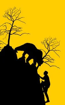 Bear attack man climber on cliff vector silhouette Stock Illustration
