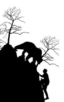 Bear attack man climber on cliff vector silhouette Stock Illustration