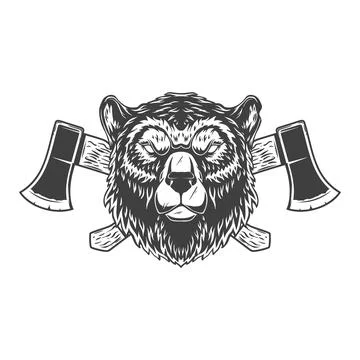 Bear with axes. Design element for poster, emblem, sign, logo, label. Vecto.. 库存插图