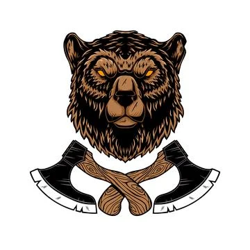 Bear with axes. Design element for poster, emblem, sign, logo, label. Vecto.. Stock Illustration