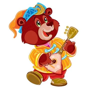 Bear with balalaika and in a cap dancing at the fair, buffoon, isolated objec Stock Illustration