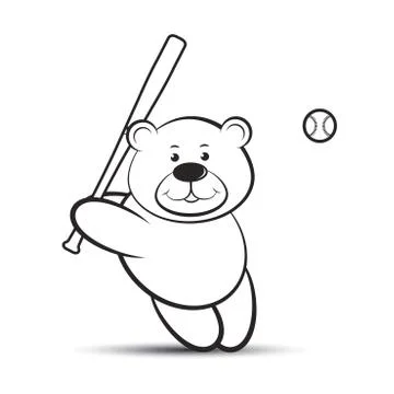 Bear with baseball bat in black &amp; white Stock Illustration
