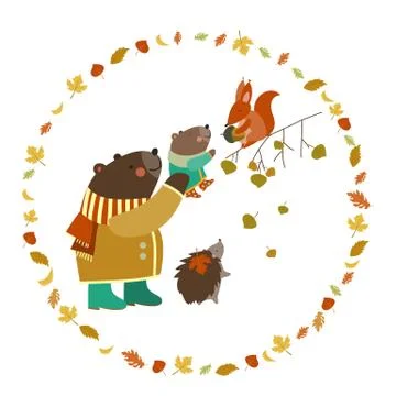 Bear, bear cub, squirrel and hedgehog walking in the autumn forest Stock Illustration