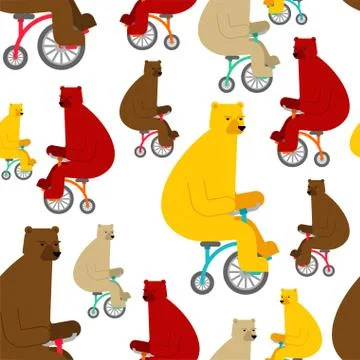 Bear on bicycle pattern seamless. Beast rides bicycle background. Baby fabric 스톡 일러스트