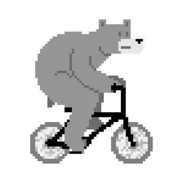 Bear on bicycle pixel art. pixelated Beast is riding bicycle. 8 bit Cartoon c Stock Illustration