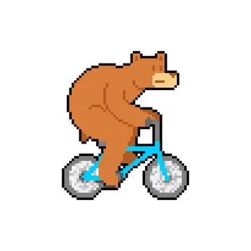 Bear on bicycle pixel art. pixelated Beast is riding bicycle. 8 bit Cartoon c Stock Illustration