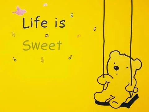 Bear with bird and musical notes on a yellow background. With Life is sweet. 스톡 일러스트