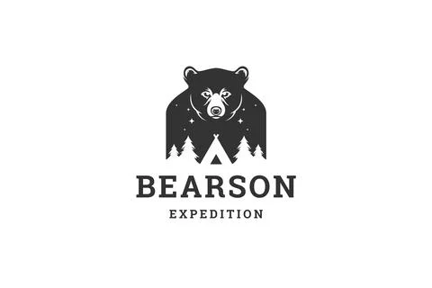 Bear camping night forest double exposure effect logo design template vecto.. Stock Illustration
