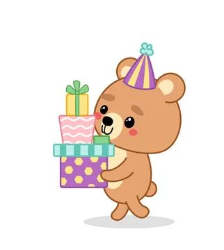 Bear is carrying stack of gift boxes. Little bear and presents in Birthday party Stockillustratie