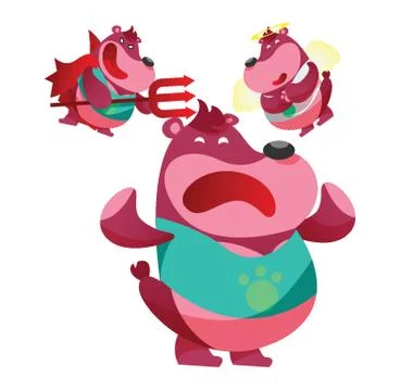 Bear Cartoon Frustrated With The Devil And Angel Illustrazione stock