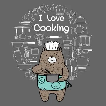 Bear Chef Is Cooking. Brown Bear Wearing An Blue Apron Say "i Love Cooking". Stock Illustration